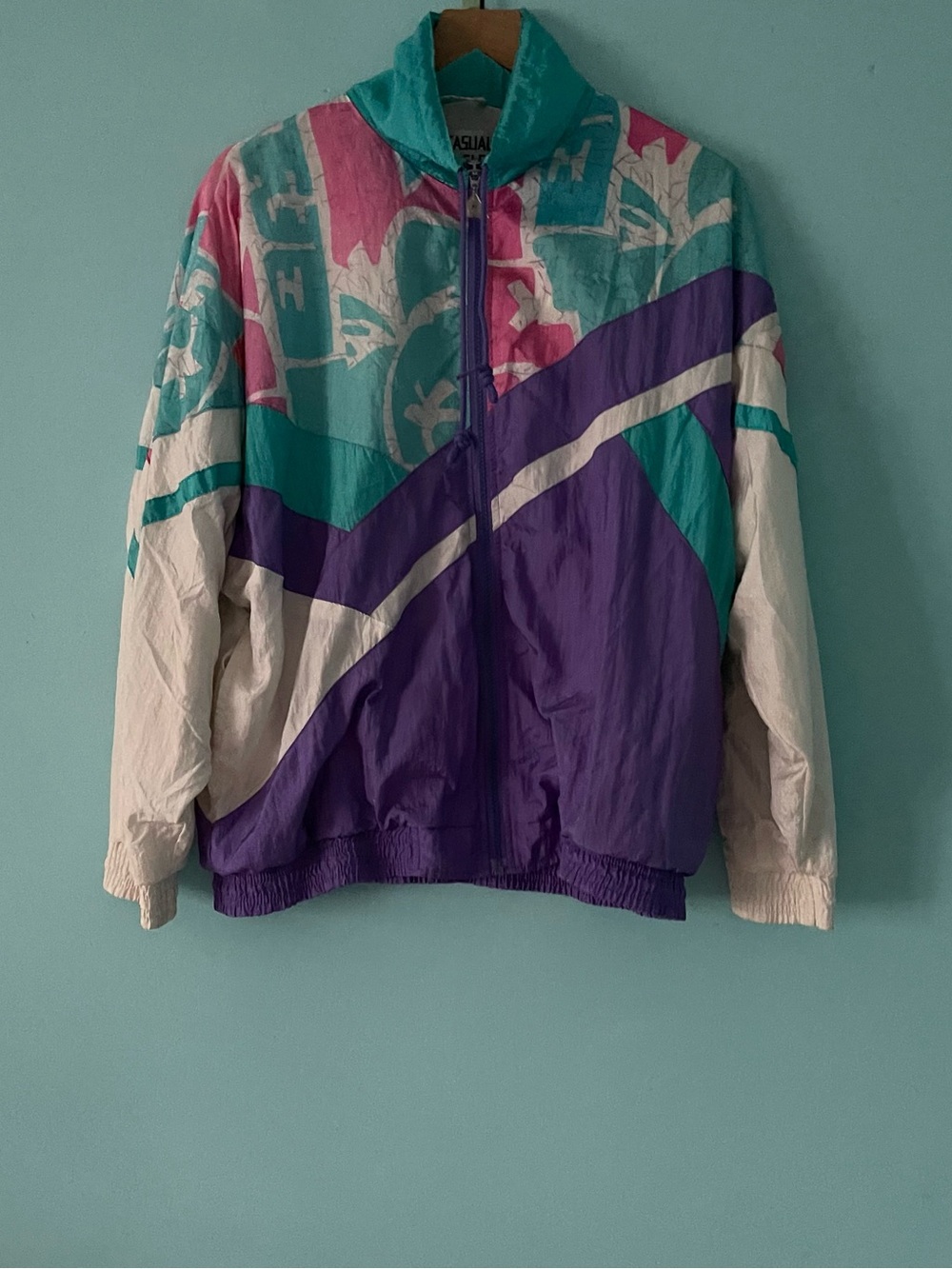 Casual Isle Vintage Printed Windbreaker Jacket M Slouchy Retro Teal
